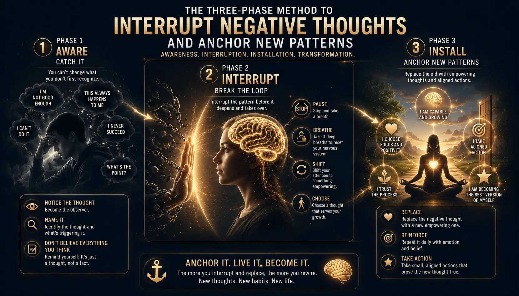 The three-phase method to interrupt negative thoughts and anchor new patterns — Aware, Interrupt, Install